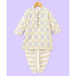 Babyhug 100% Cambric Full Sleeves Kurta With Dhoti Argyle Print - Beige
