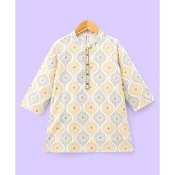 Babyhug 100% Cambric Full Sleeves Kurta With Dhoti Argyle Print - Beige