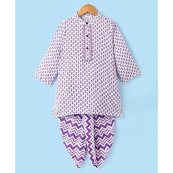 Babyhug Cotton Full Sleeves Kurta With Dhoti Floral Print & Embroidery - White & Purple