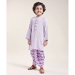 Babyhug Cotton Full Sleeves Kurta With Dhoti Floral Print & Embroidery - White & Purple