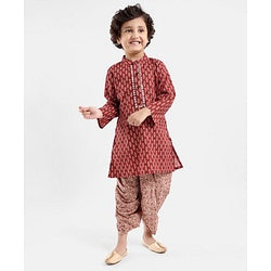 Babyhug 100% Cotton Full Sleeves  Printed Kurta with Printed Dhoti Set - Rust