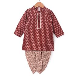 Babyhug 100% Cotton Full Sleeves  Printed Kurta with Printed Dhoti Set - Rust