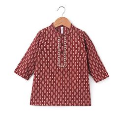Babyhug 100% Cotton Full Sleeves  Printed Kurta with Printed Dhoti Set - Rust