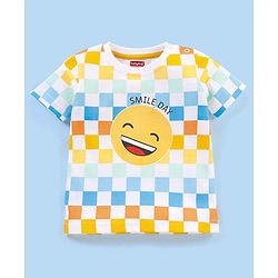 Babyhug Cotton Knit Half Sleeves Checked T-Shirt Emoji Print - White