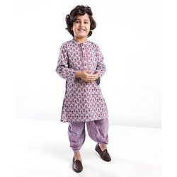 Babyhug 100% Cotton Woven Full Sleeve Floral Printed Kurta & Laheriya Printed Dhoti Set- Pink