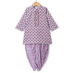 Babyhug 100% Cotton Woven Full Sleeve Floral Printed Kurta & Laheriya Printed Dhoti Set- Pink