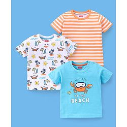 Babyhug Cotton Half Sleeves T-Shirt Stripes & Beach Print Pack of 3- Blue & White