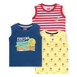 Babyhug Cotton Knit Sleeveless T-Shirts Striped and Palm Trees Print Pack of 3 - Yellow Blue & Red