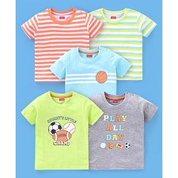 Babyhug Cotton Half Sleeves T-Shirt Stripes & Sports Print Pack of 5- Green & Blue