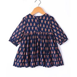 Babyhug 100% Cotton Woven Threefourth Sleeve Ethnic Dress With Floral Embroidery Detailing At Yoke - Navy Blue