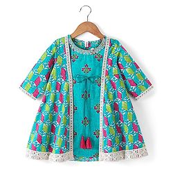 Babyhug Cotton Woven Floral Printed Ethnic Dress with Full Sleeves Embroidered Border Jacket - Turquoise