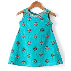 Babyhug Cotton Woven Floral Printed Ethnic Dress with Full Sleeves Embroidered Border Jacket - Turquoise