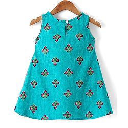 Babyhug Cotton Woven Floral Printed Ethnic Dress with Full Sleeves Embroidered Border Jacket - Turquoise