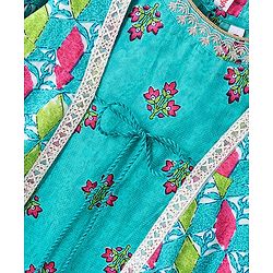 Babyhug Cotton Woven Floral Printed Ethnic Dress with Full Sleeves Embroidered Border Jacket - Turquoise