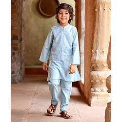 Babyhug Cotton Woven Full Sleeves Solid Kurta Payjama Set With Sequenced Embroidered Jacket - Blue