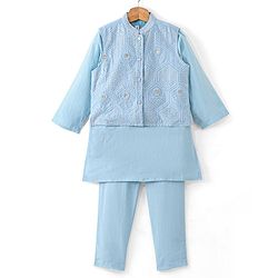 Babyhug Cotton Woven Full Sleeves Solid Kurta Payjama Set With Sequenced Embroidered Jacket - Blue