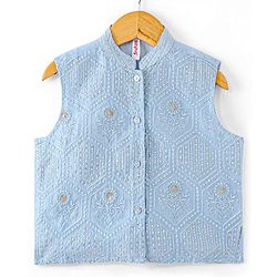 Babyhug Cotton Woven Full Sleeves Solid Kurta Payjama Set With Sequenced Embroidered Jacket - Blue
