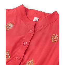 Babyhug Rayon Three Fourth Sleeves Embroidered Ethnic Dress- Coral