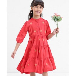 Babyhug Rayon Three Fourth Sleeves Embroidered Ethnic Dress- Coral