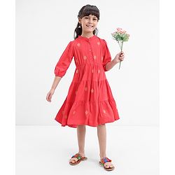 Babyhug Rayon Three Fourth Sleeves Embroidered Ethnic Dress- Coral
