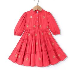 Babyhug Rayon Three Fourth Sleeves Embroidered Ethnic Dress- Coral
