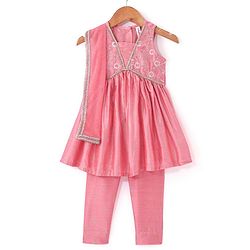 Babyhug Sleeveless Foil Printed Kurta With Pant And Dupatta Set With Embroidery Detailing- Pink