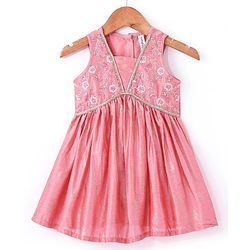 Babyhug Sleeveless Foil Printed Kurta With Pant And Dupatta Set With Embroidery Detailing- Pink