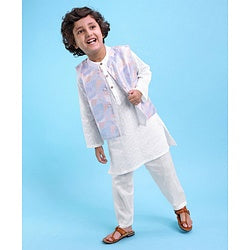 Babyhug 100% Cotton Woven Full Sleeves Kurta & Pajama Set with Stripes Embroidered Bandi Jacket - White