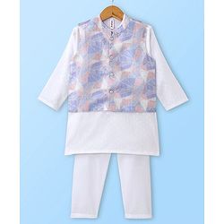 Babyhug 100% Cotton Woven Full Sleeves Kurta & Pajama Set with Stripes Embroidered Bandi Jacket - White