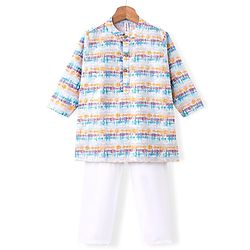 Babyhug 100% Cotton Full Sleeves Kurta With Payjama Set With Ikat Print - White