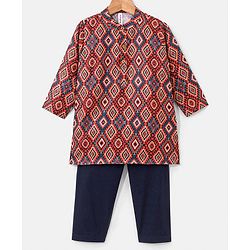Pine Kids 100% Cotton Full Sleeves Printed Kurta & Pyjama Set- Maroon
