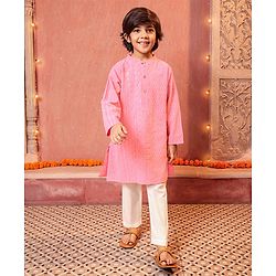 Babyhug Schiffly Embroidered Full Sleeves Kurta With Payjama Set- Peach & White