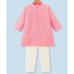 Babyhug Schiffly Embroidered Full Sleeves Kurta With Payjama Set- Peach & White