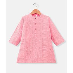 Babyhug Schiffly Embroidered Full Sleeves Kurta With Payjama Set- Peach & White