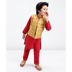 Babyhug 100% Cotton Woven Full Sleeves Solid Color Kurta Pyjama Set with Waistcoat Argyle Print - Red