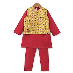 Babyhug 100% Cotton Woven Full Sleeves Solid Color Kurta Pyjama Set with Waistcoat Argyle Print - Red
