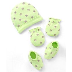 Babyhug 100% Cotton Cap Mittens & Booties Set Teddy Print - Green