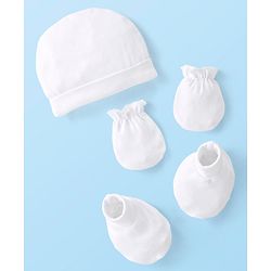 Babyhug 100% Cotton Knit Solid Color Cap Mittens & Booties White - Diameter 9 cm