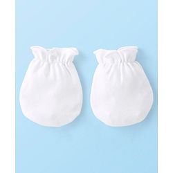 Babyhug 100% Cotton Knit Solid Color Cap Mittens & Booties White - Diameter 9 cm