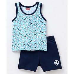 Babyhug 100% Cotton Knit Sleeveless Sando & Shorts Set Football Print - Navy