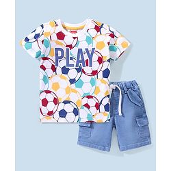 Babyhug Cotton Lycra Half Sleeves T-Shirt & Denim Shorts Set Football Print - Multicolor & Blue