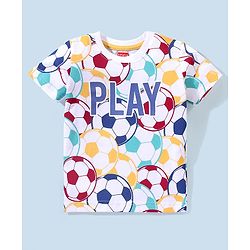 Babyhug Cotton Lycra Half Sleeves T-Shirt & Denim Shorts Set Football Print - Multicolor & Blue