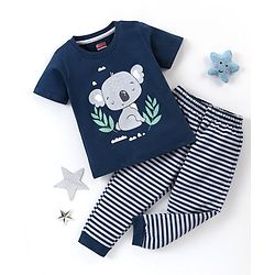 Babyhug Cotton Knit Half Sleeves Night Suit  Koala Print With Stripes -  Navy Blue