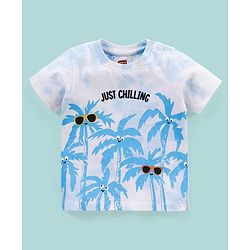 Babyhug Cotton Knit Half Sleeves Tee Palm Tree Print - White & Blue