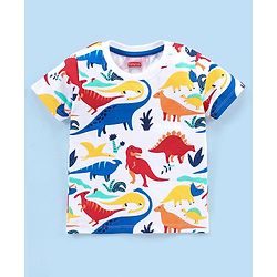 Babyhug Cotton Knit Half Sleeves Night Suit Dino Print - White