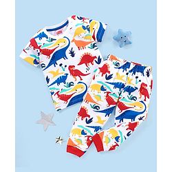 Babyhug Cotton Knit Half Sleeves Night Suit Dino Print - White