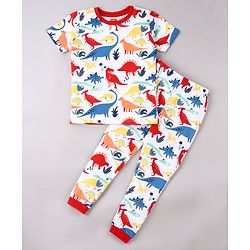 Babyhug Cotton Knit Half Sleeves Night Suit Dino Print - White