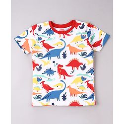 Babyhug Cotton Knit Half Sleeves Night Suit Dino Print - White