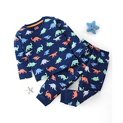 Babyhug Cotton Knit Full Sleeves Night Suit Dino Print - Navy Blue