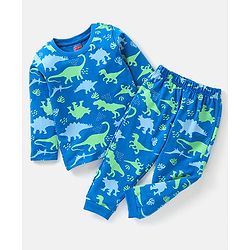 Babyhug Cotton Knit Full Sleeves Dino Print Night Suit - Blue